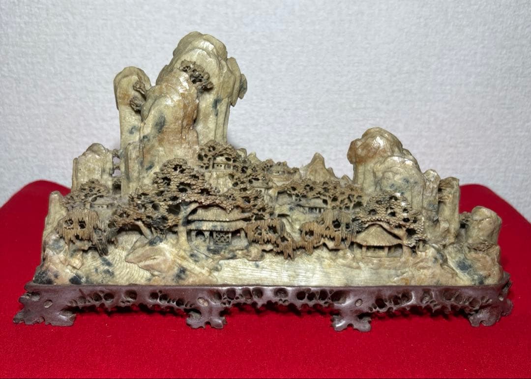 中国美術　寿山石　楼閣山水　置物　床飾　彫刻　4.45kg