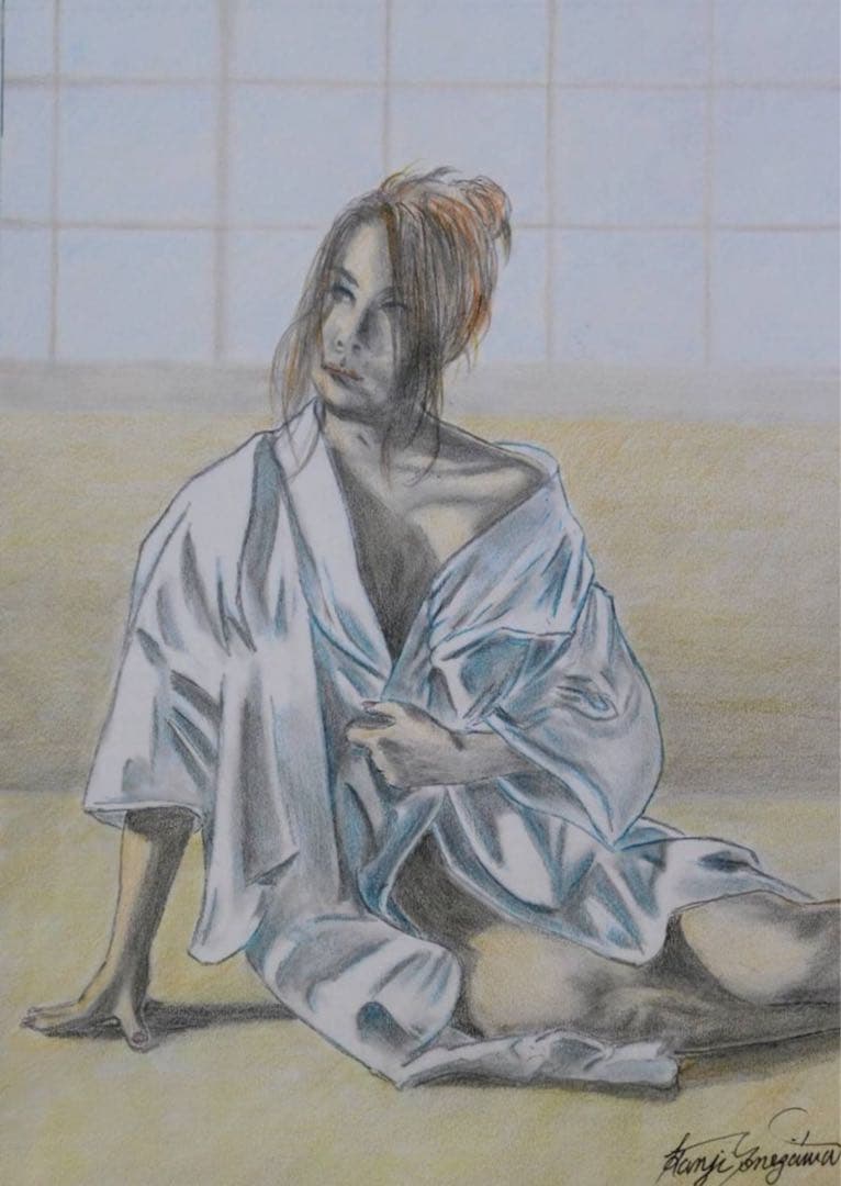 色鉛筆画　絵画　 「乱れ髪」