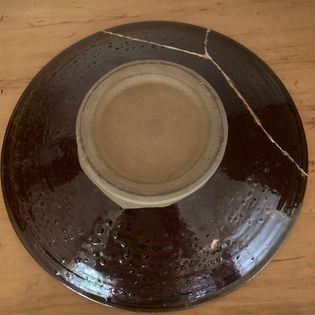 小鹿田焼（おんたやき）打ち刷毛目大皿【民藝ビンテージ】金継ぎ