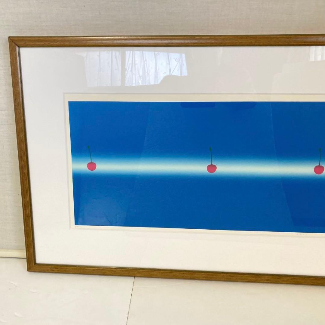 中村憲之 さくらんぼ シルクスクリーン 大型 横長 青色 ポップ モダン レトロ