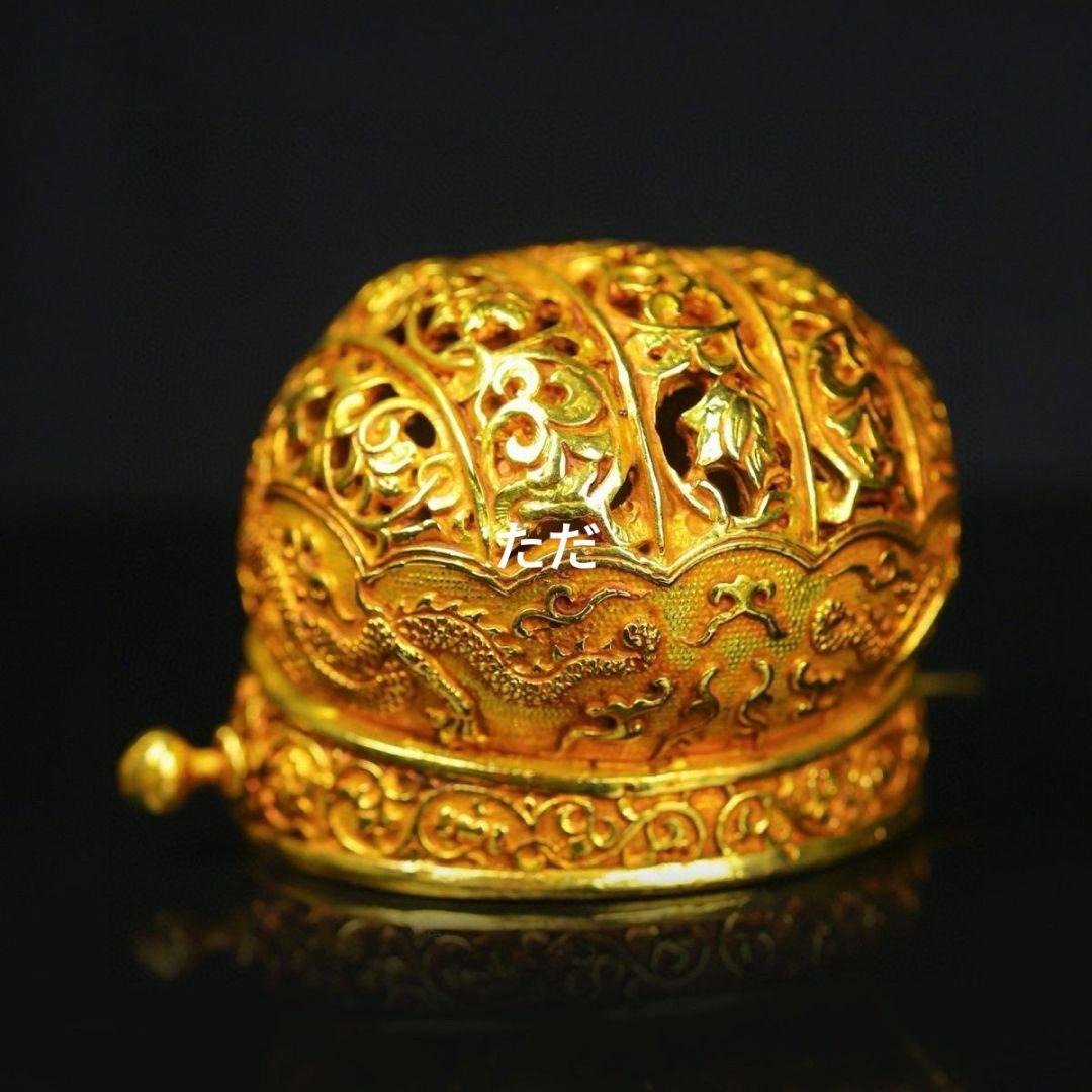 銅器 枝葡萄紋冠鏤官帽 金竜帽冠 双龍髪簪冠帽 装飾品 現代工芸品 置物