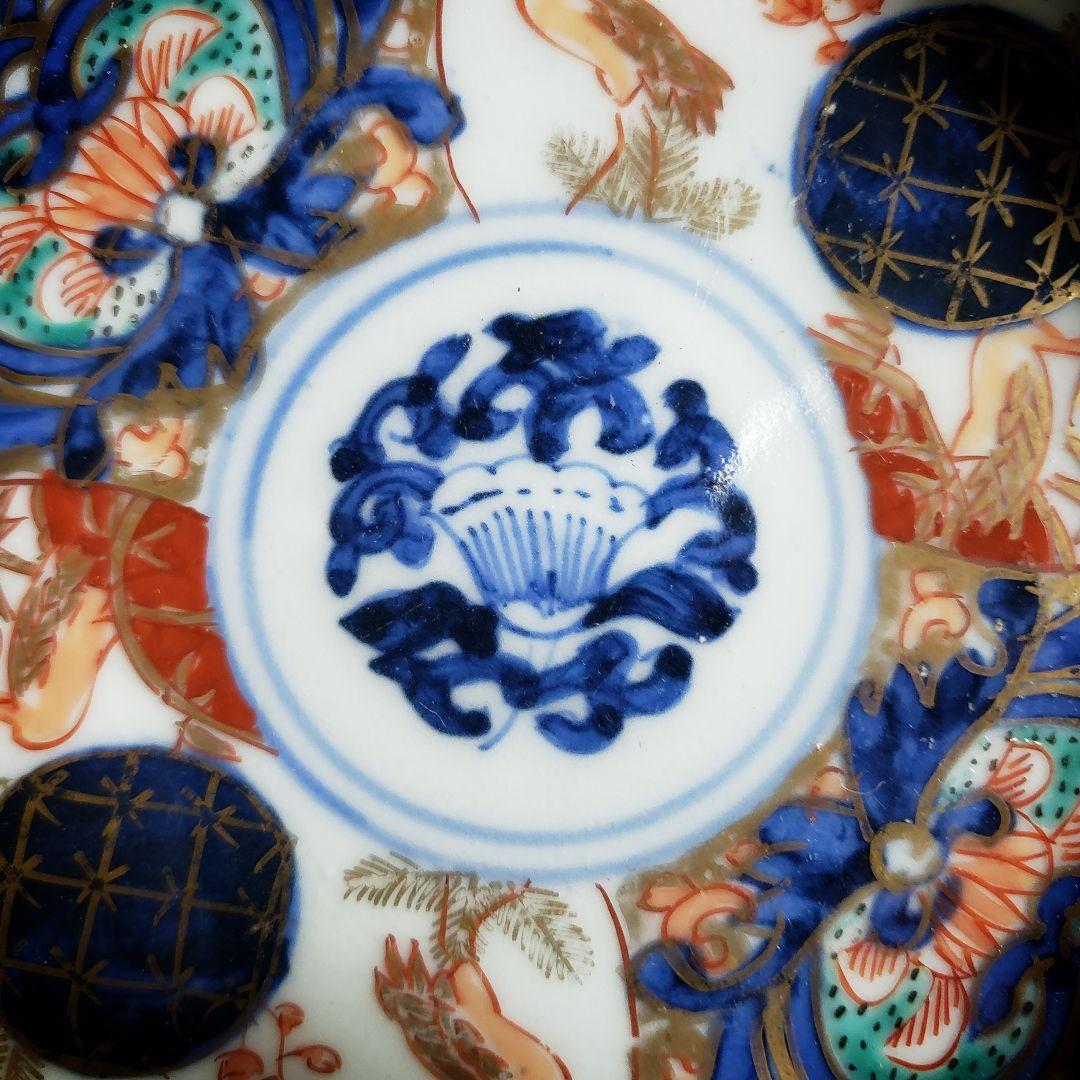 小皿　色絵付　染付　古伊万里　金彩　花唐草　鶴　四方襷文　明治　イ号　欠け