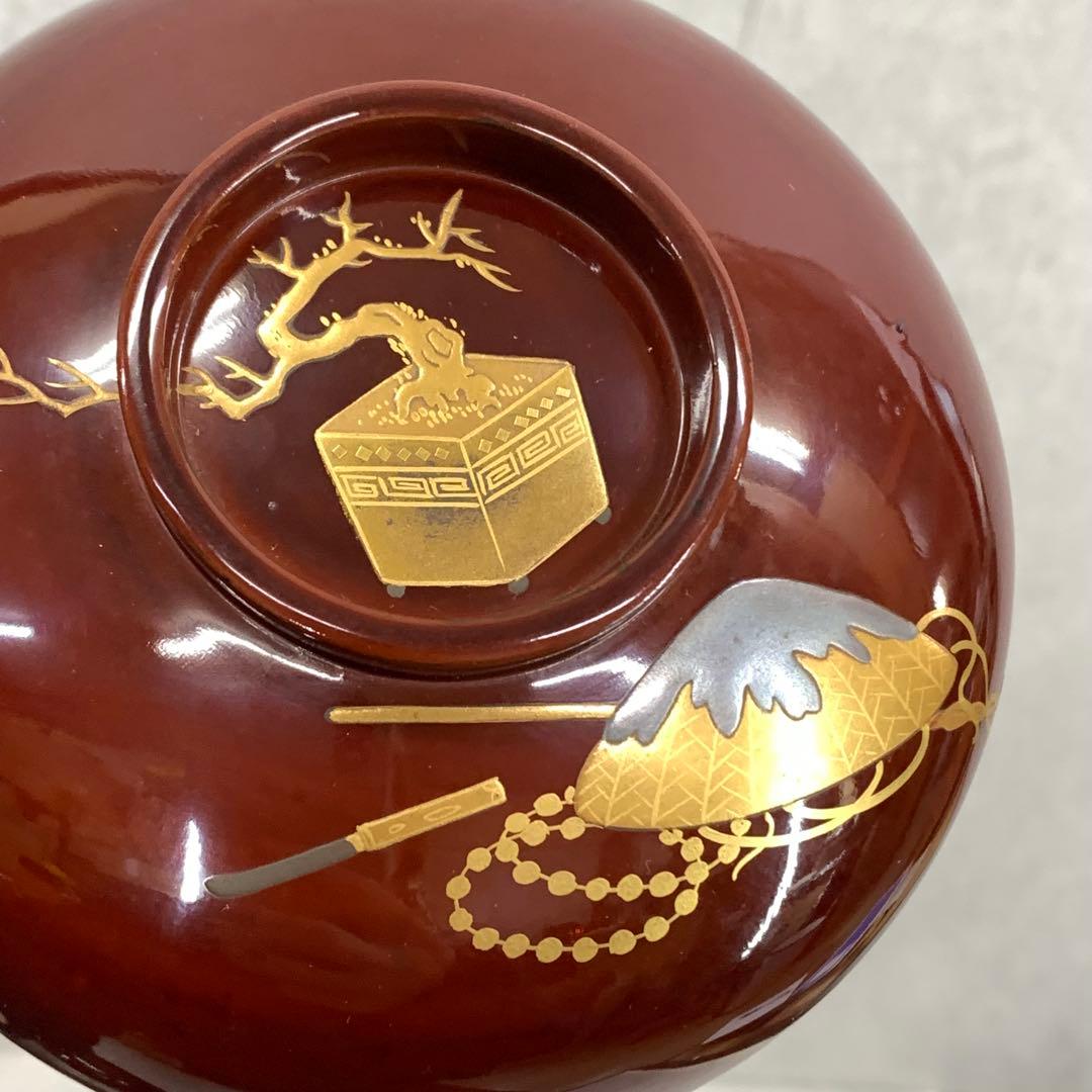 吸物椀 5客 絵変わり 塗り 溜絵 正月 賀正 金彩 汁椀 雑煮 A