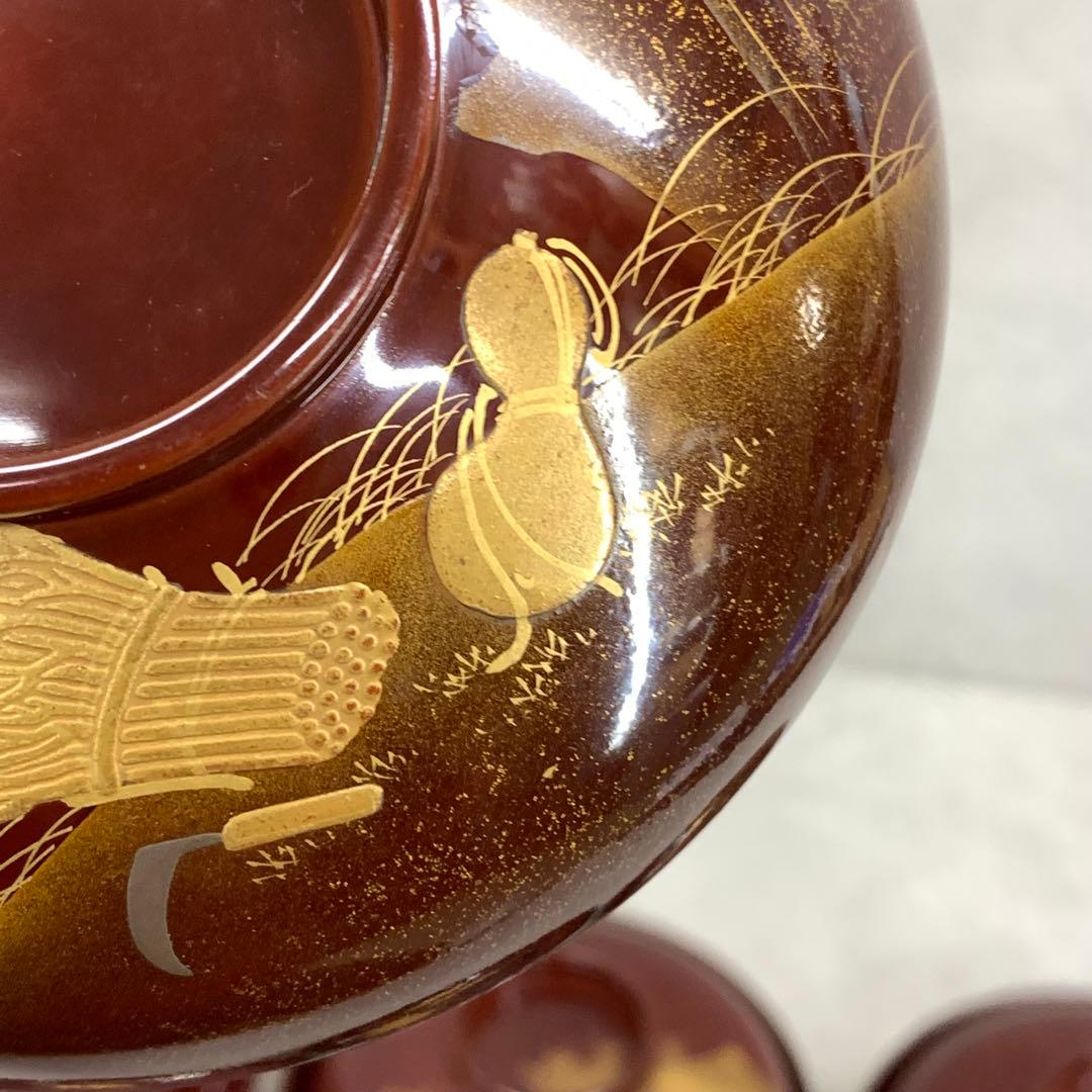 吸物椀 5客 絵変わり 塗り 溜絵 正月 賀正 金彩 汁椀 雑煮 A