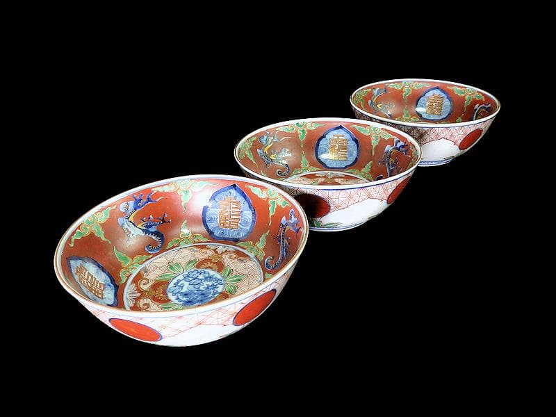 大聖寺伊万里　色絵　鶴に龍　赤玉丸紋の図　春寒鉢　３客　D932AS-fbpw