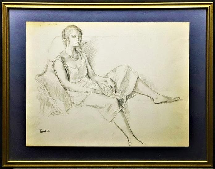 芸術院会員、光風会.，日展顧問の寺島龍一による直筆の鉛筆デッサン画パステルで彩色