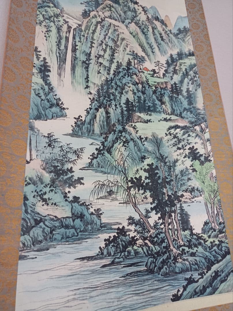 レア おもてなし 軸 絵 龍脈 金運 山水 滝 中国風水 美術 骨董 インテリア