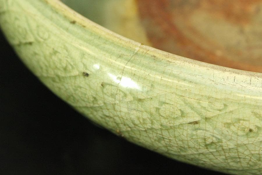 中国美術 七官青磁 三足 水盤 瓶掛 時代物(A880)