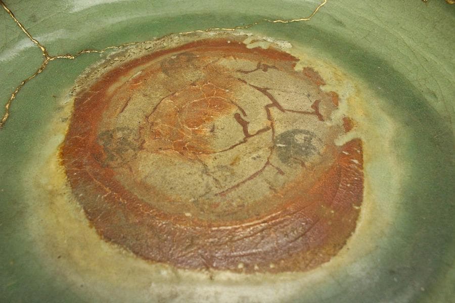 中国美術 七官青磁 三足 水盤 瓶掛 時代物(A880)