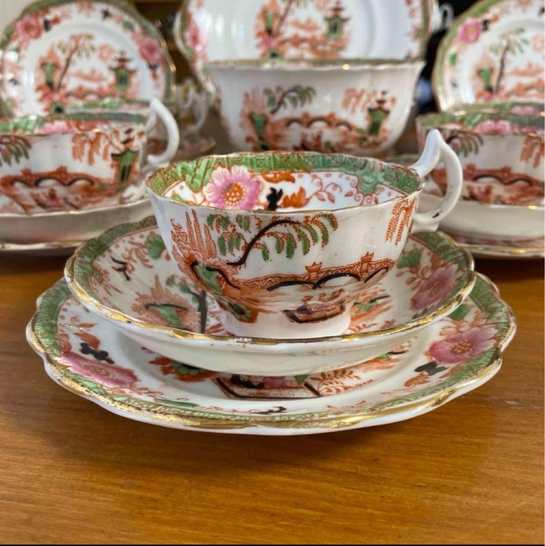 英国窯初期のアンティーク　カップ　ソーサー　プレート　シノワズリ c1880