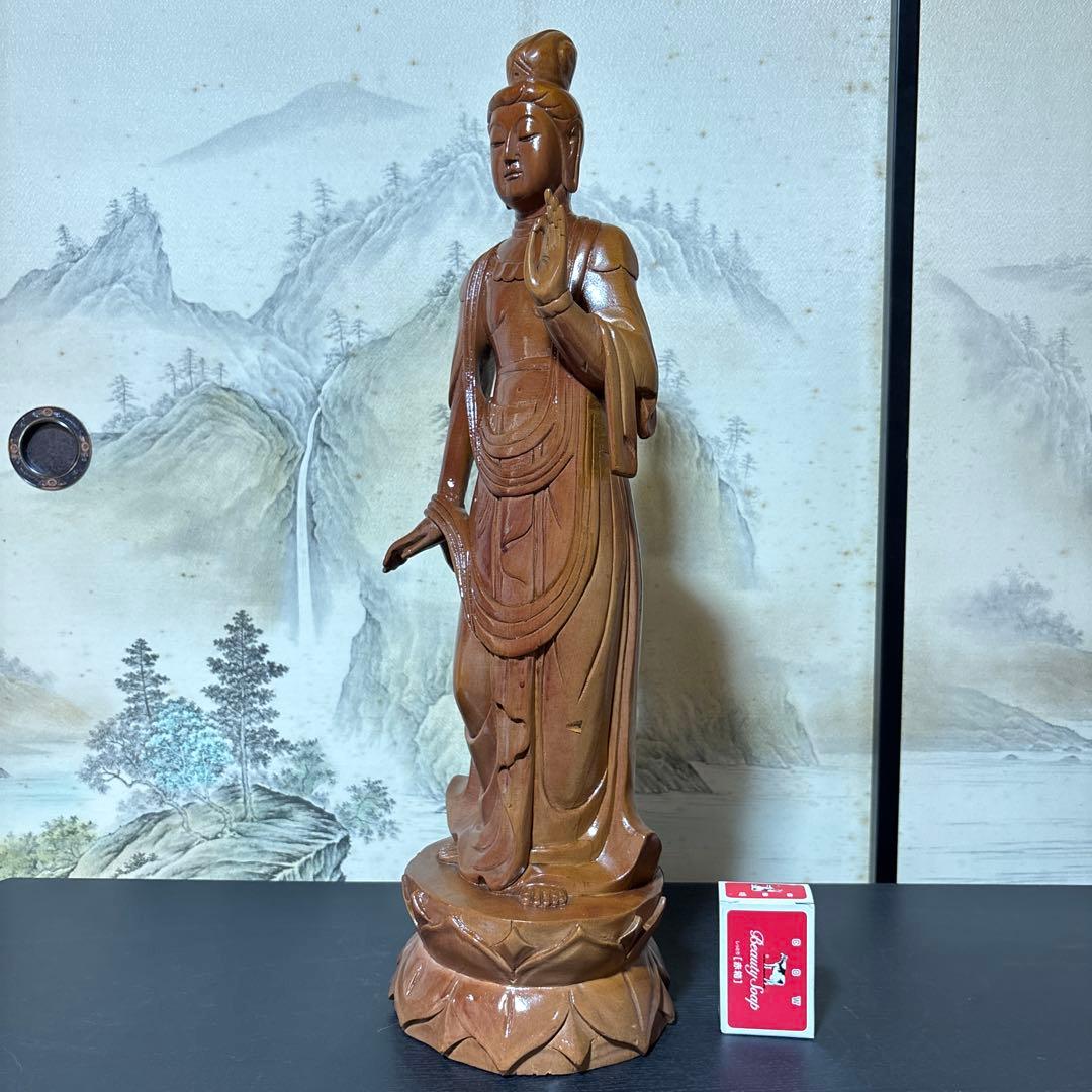 大型 観音菩薩 木彫　仏像 彫刻　開運　風水　置物　縁起物　インテリア　春山作
