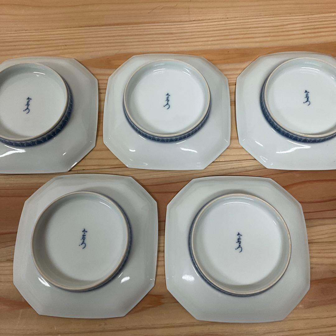 1４代今泉今右衛門　隅切染錦八角皿　5客揃え