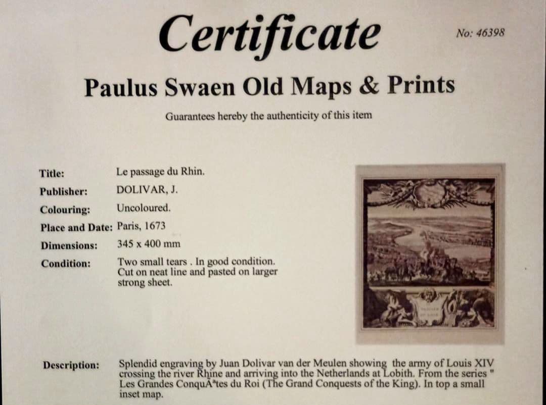 お値下げ　額装品　1673年　J.DOLIVAR 「ライン侵攻の図」稀少　美品