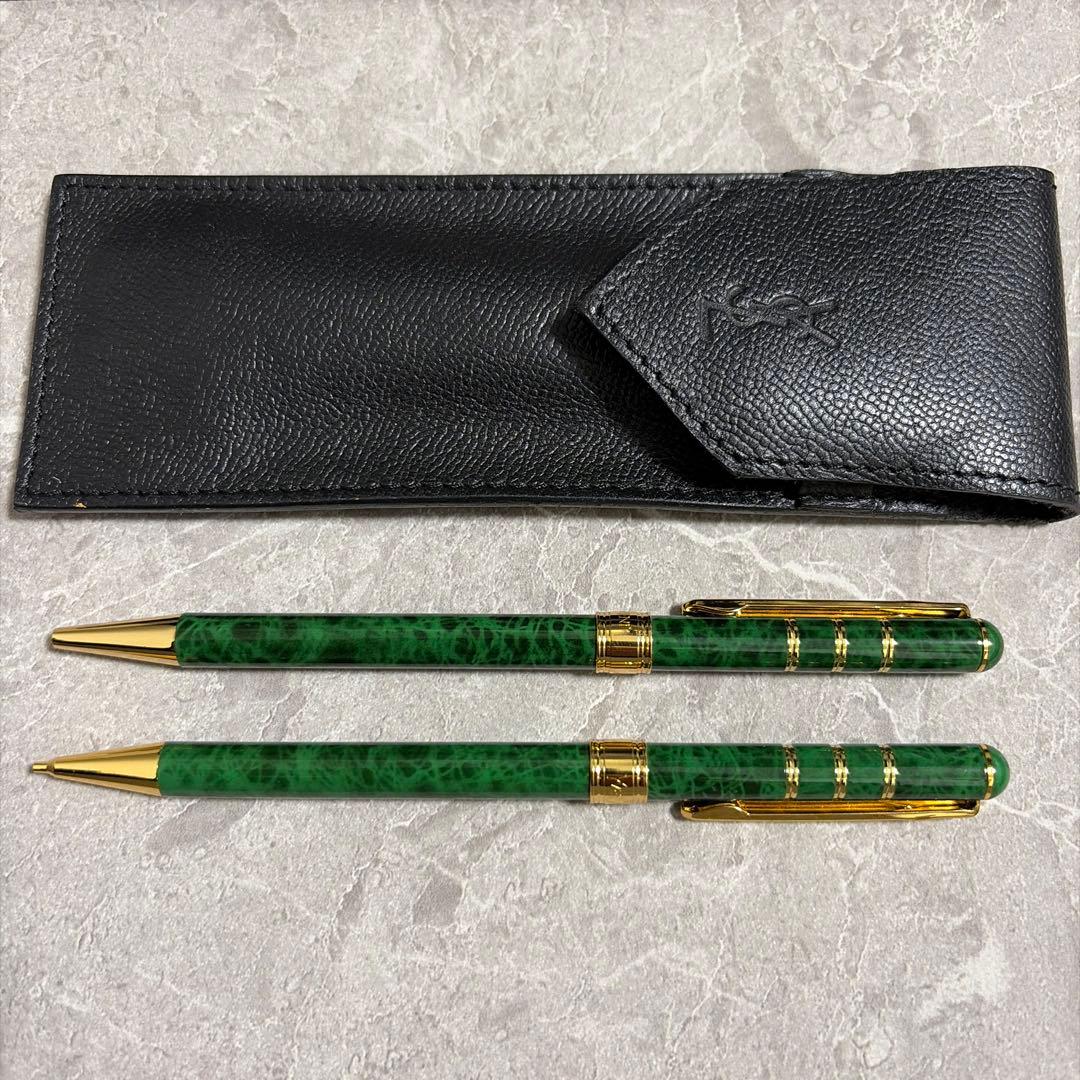 【希少】イヴサンローラン 筆記具セット マーブルグリーン 金彩 ケース付 レア