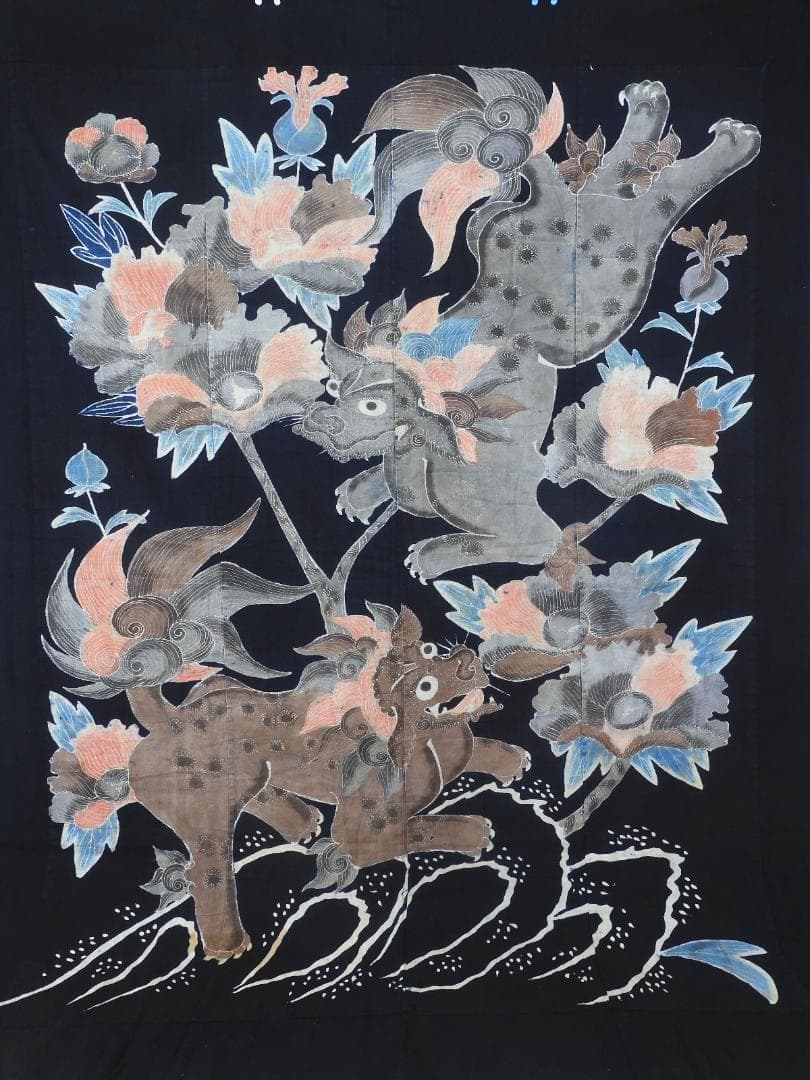 木綿・明治期筒描・唐獅子牡丹・明治の藍木綿・筒描き