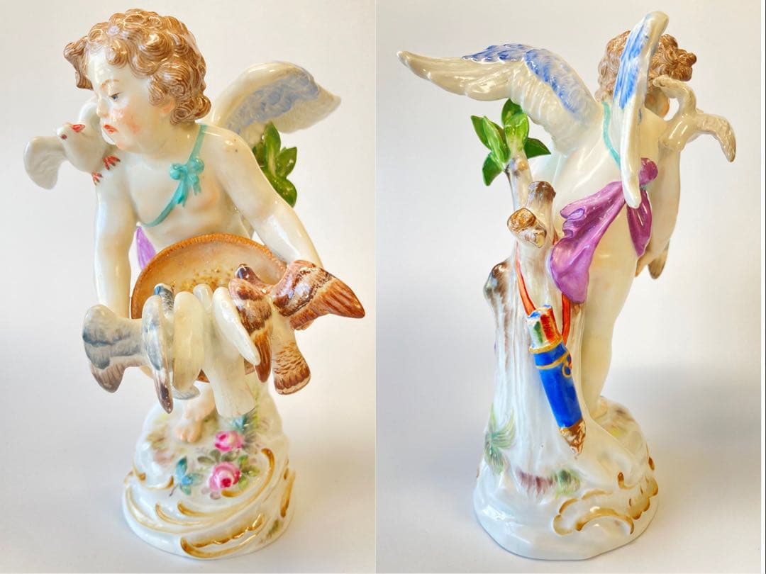古マイセン 人形 フィギュリン 「鳩に給餌する天使」 1級品　1898年