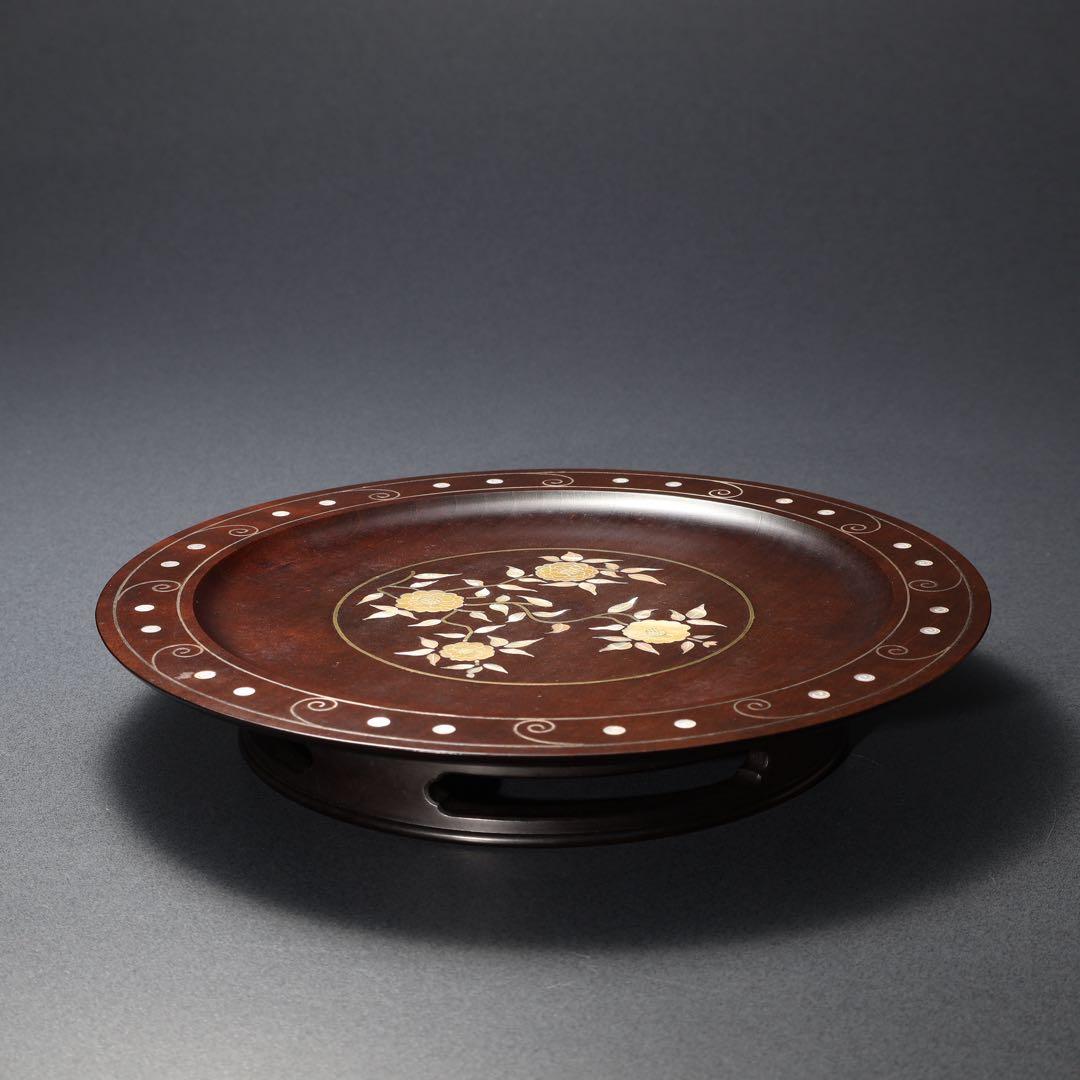 漆塗　丸盆　黄銅銀 螺鈿野菊文丸盆　共箱　吉本寿　R1430お3