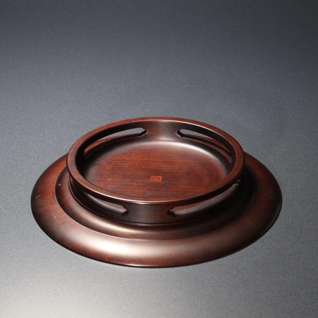 漆塗　丸盆　黄銅銀 螺鈿野菊文丸盆　共箱　吉本寿　R1430お3