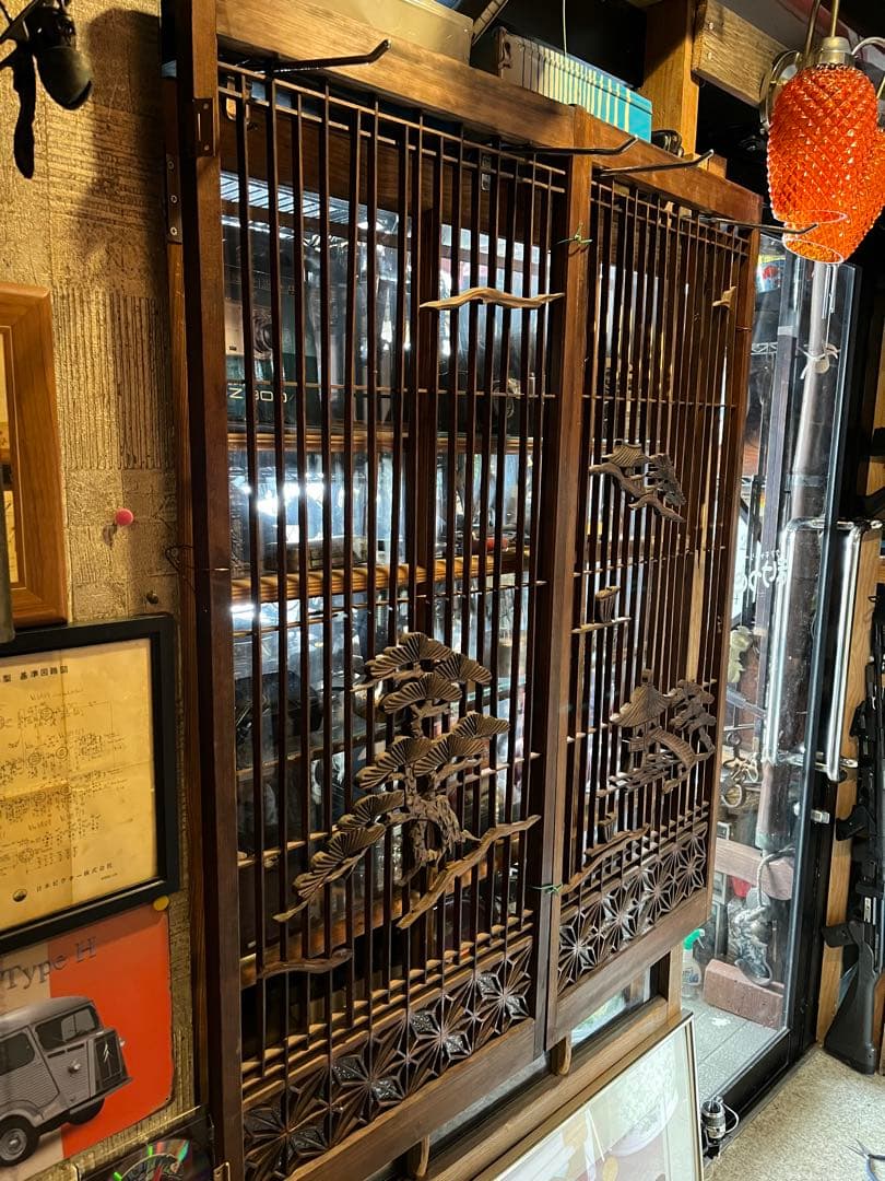 木製の彫刻障子、珍品障子、美しい障子、松の木や船、和室、衝立、風炉先 山水障子