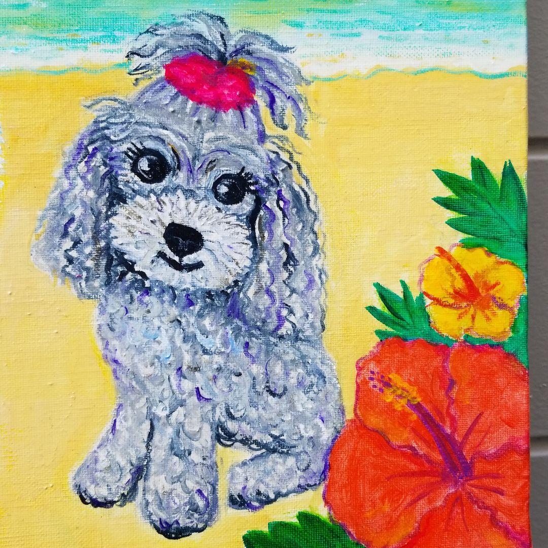 油絵　マミ ラニカイビーチを楽しむキュートな犬たち　大きいキャンバス