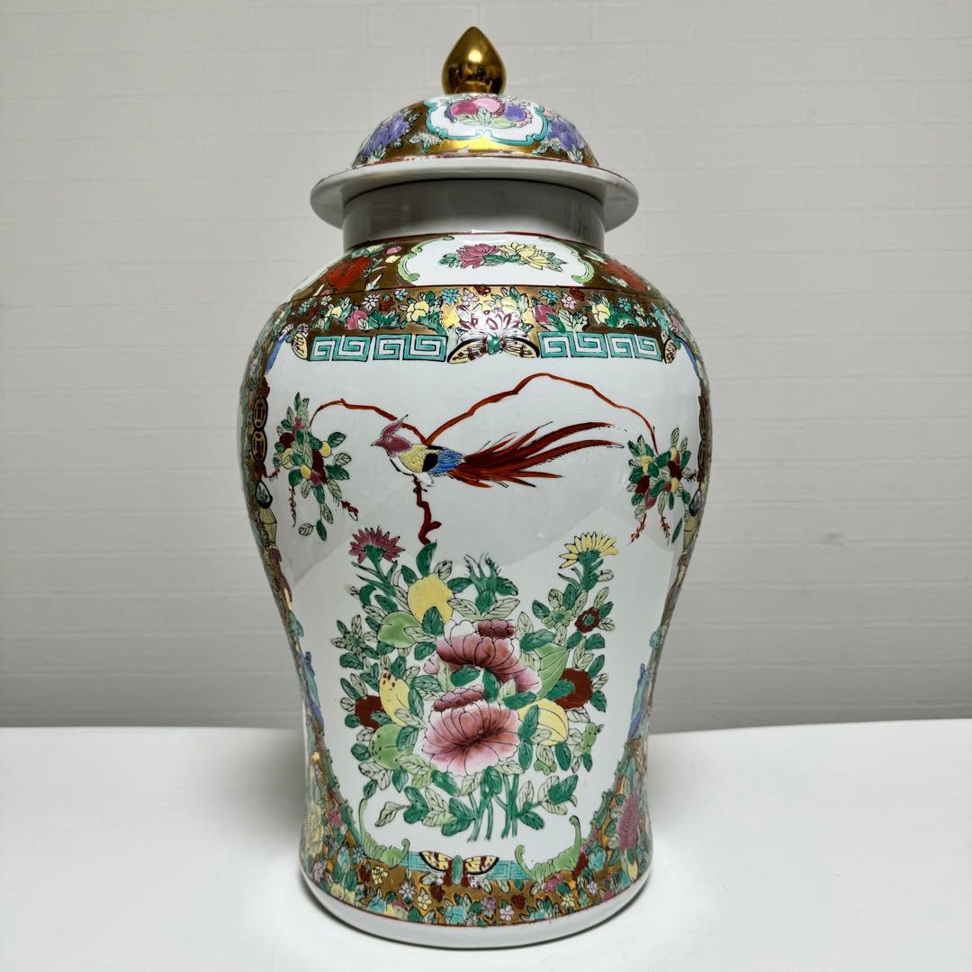 中国美術 蓋付花瓶 花器 飾り壺 壷 宮廷人物図 花鳥図 陶器 磁器 金彩色紜