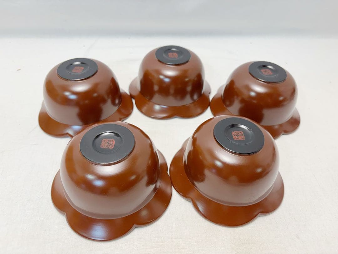 ほぼ未使用 茶道具 光宏作木製古代朱 向付 5客組 料理皿 小鉢 銘々皿底印共箱