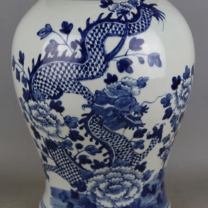 清康煕青花竜着牡丹紋将軍缶 景徳鎮 陶磁器 装飾品 現代工芸品 美術品 置物