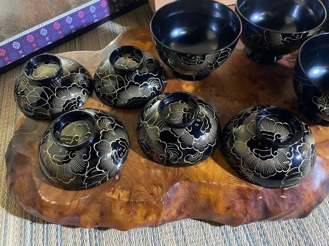 美品　未使用 高級輪島塗 わじま　市中泰三漆器店　黒漆沈金 吸物椀5客