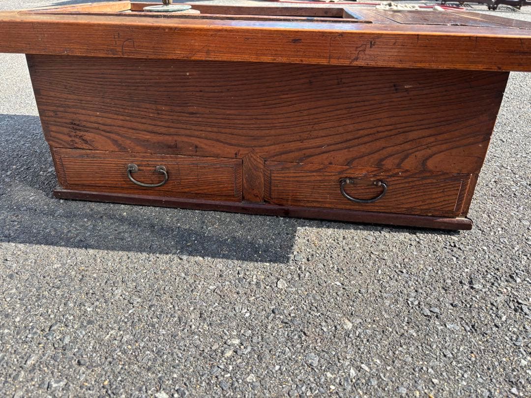 長火鉢　龍文堂酒燗器付　銅蓋　火箸付　囲炉裏座卓 引出し付き　灰付　当時物