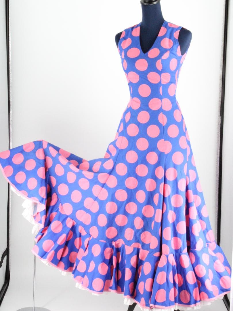 【極美品 フラメンコ衣装】艶やかブルー×ピンク水玉 ドレス 胸パット付き