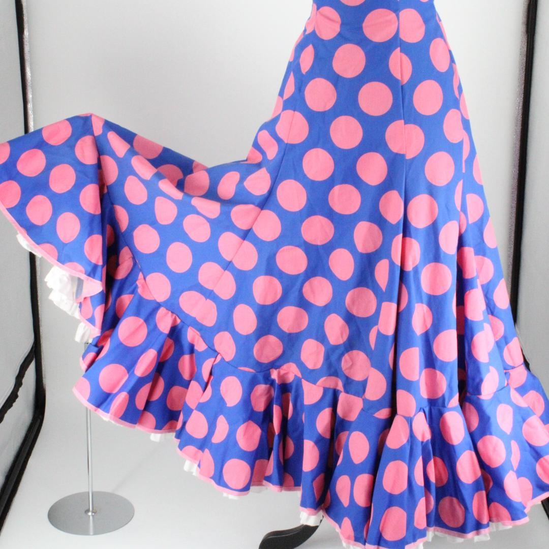 【極美品 フラメンコ衣装】艶やかブルー×ピンク水玉 ドレス 胸パット付き
