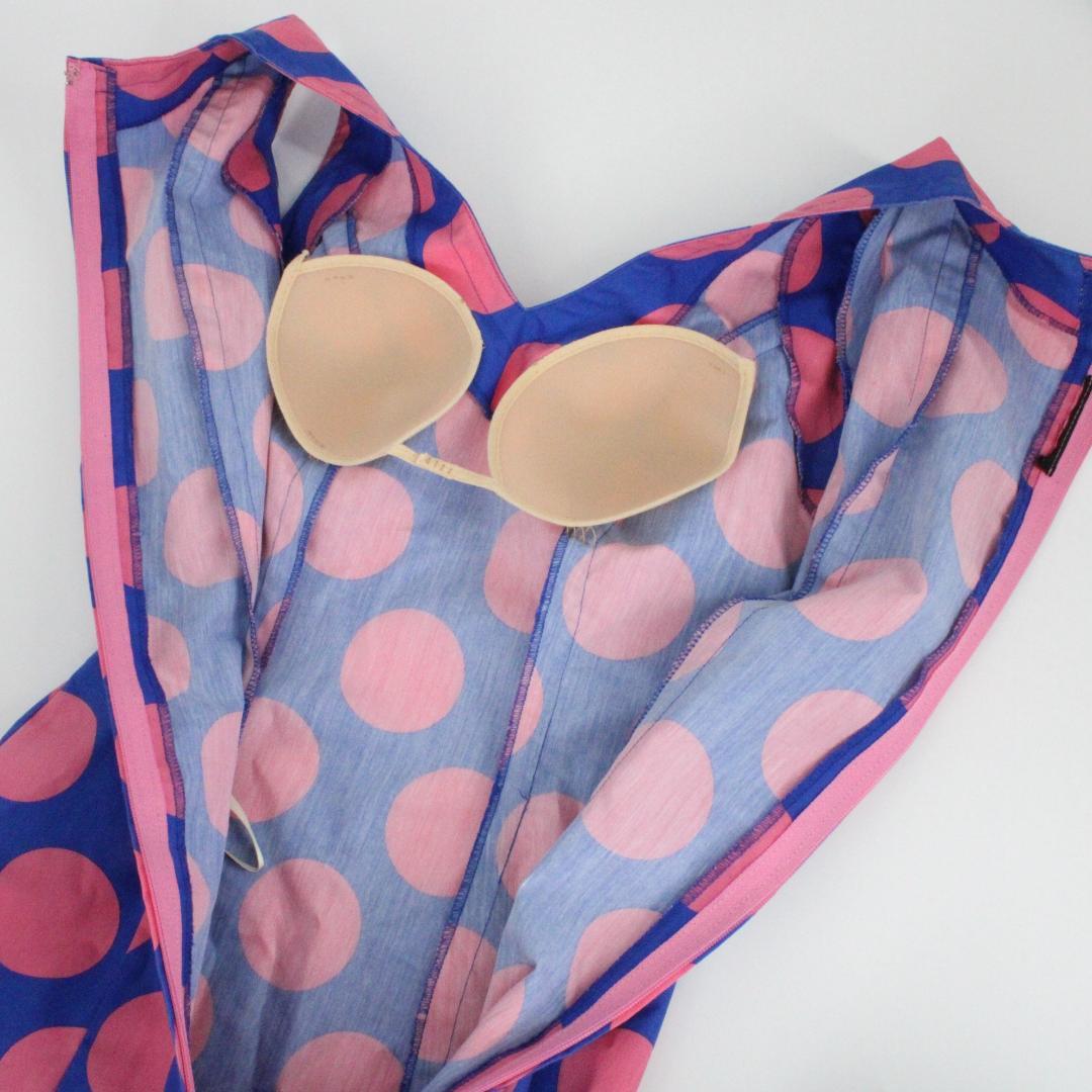 【極美品 フラメンコ衣装】艶やかブルー×ピンク水玉 ドレス 胸パット付き