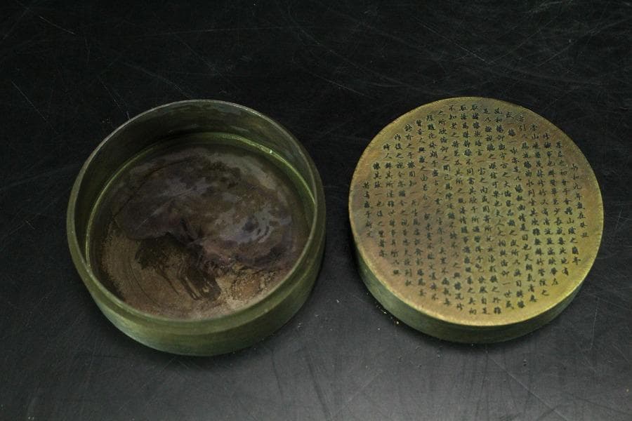 中国美術 文昌閣 在銘 刻文字 円形 蓋物(K-YC396)