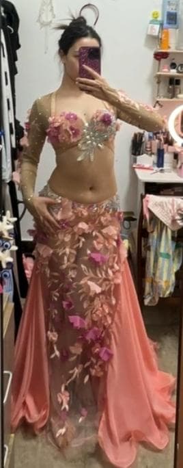 ベリーダンス衣装 ブラスカートセット オレンジ系 花 オーダーメイド