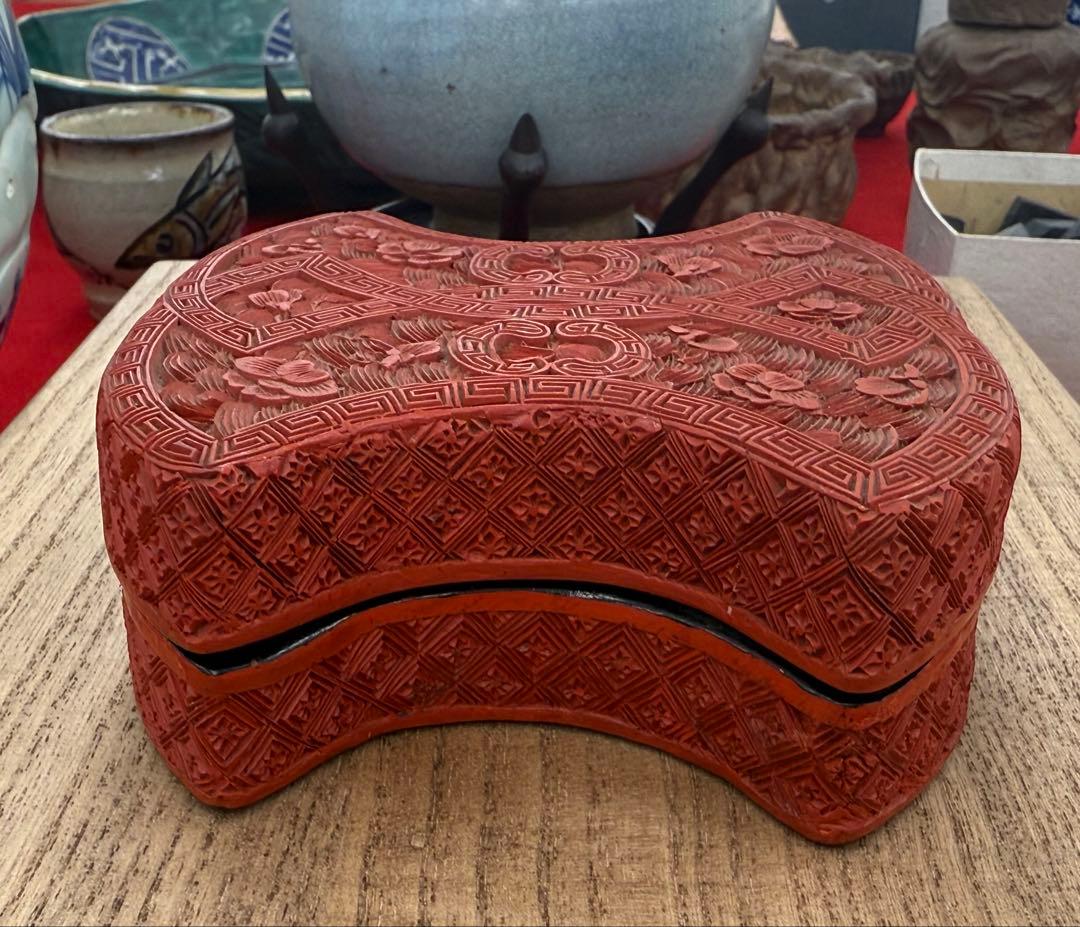 中国　堆朱　菱型香合　型方勝　木製　送料込み250313