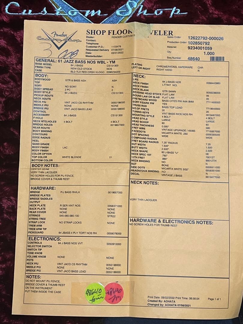 ベース FenderCustomShop 1961 JAZZ BASS NOS WBL