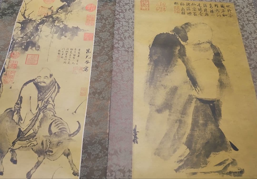 ご希望額まで値下げ～@中国宋時代の名作2本 『故宮院』晁補之・梁楷 印刷掛軸