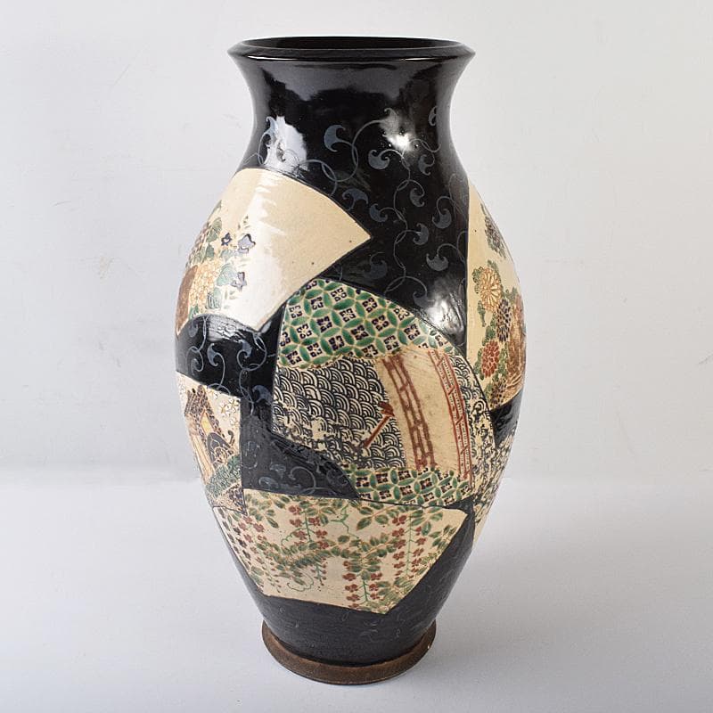 薩摩焼　古薩摩　色絵金彩　扇窓絵鳳凰獅子花文瓶　壷　高さ約45㎝　UR7915B