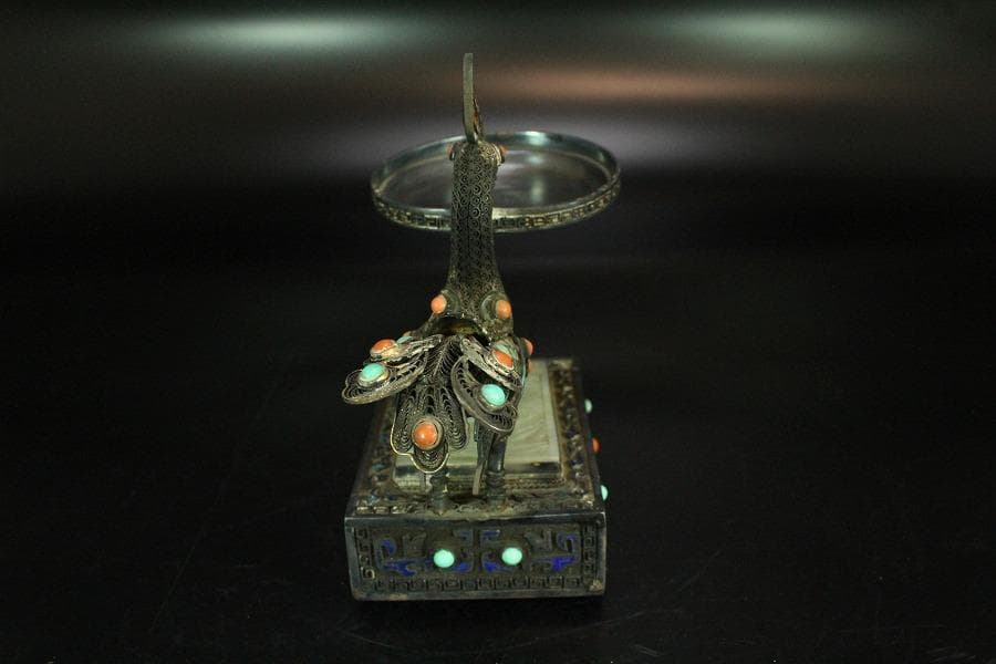 銀七宝 鳳 和田玉 白玉刻花鳥 宝石 珊瑚 象嵌 花鳥 饕餮(K-A156)