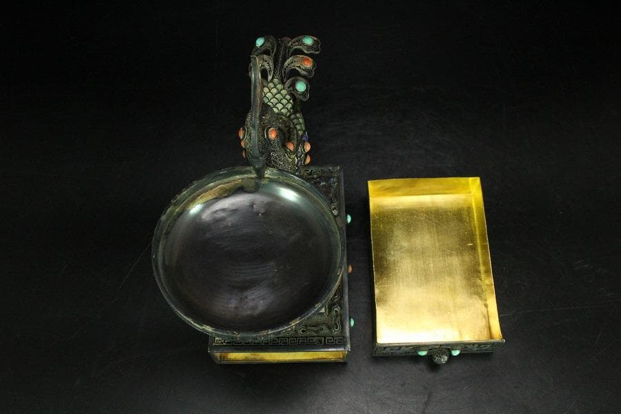 銀七宝 鳳 和田玉 白玉刻花鳥 宝石 珊瑚 象嵌 花鳥 饕餮(K-A156)