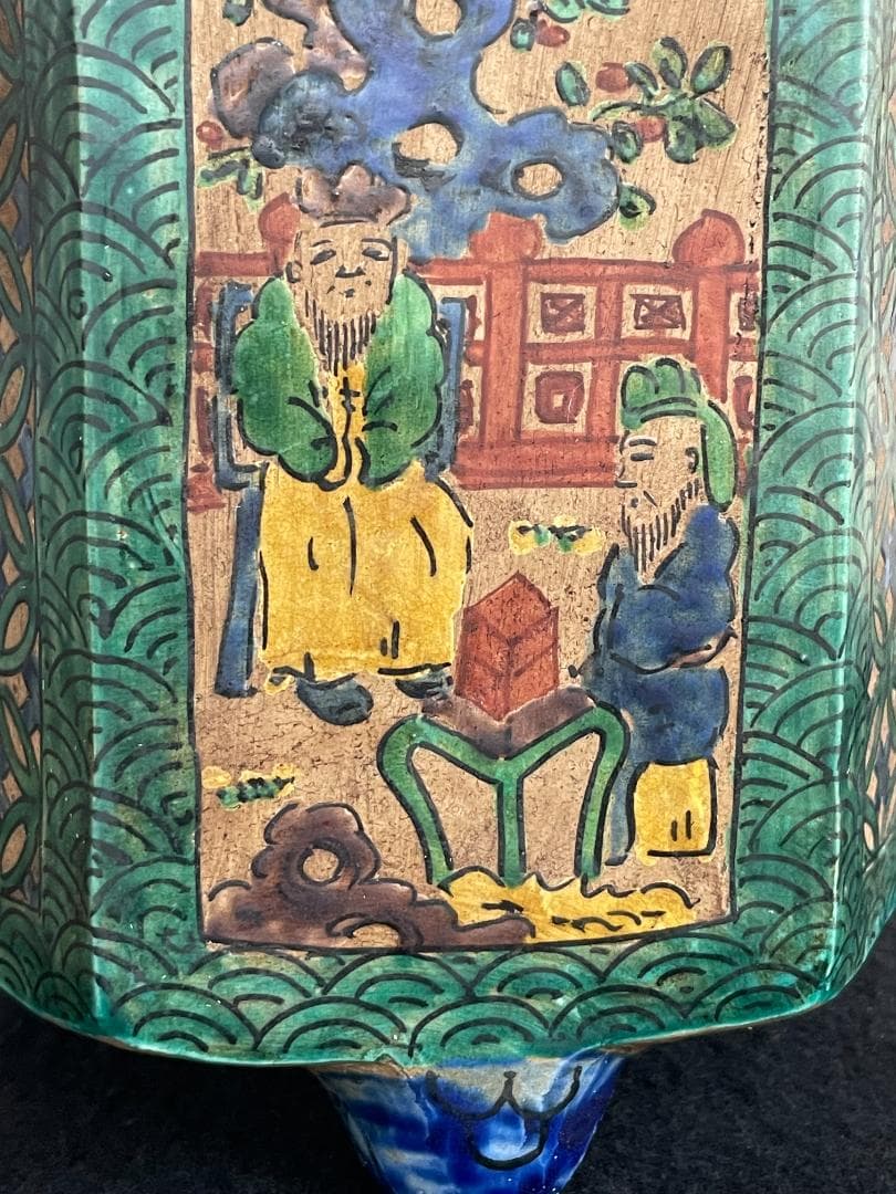 希少 古九谷 青九谷 青手 香炉 角福 1800年 香炉 鳳凰 獅子 吉田屋