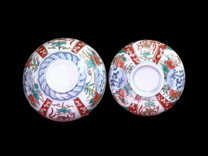 古伊万里　色絵　桐に鳳凰　丸紋に菊の図　蓋茶碗　４客　D200AS-fbut