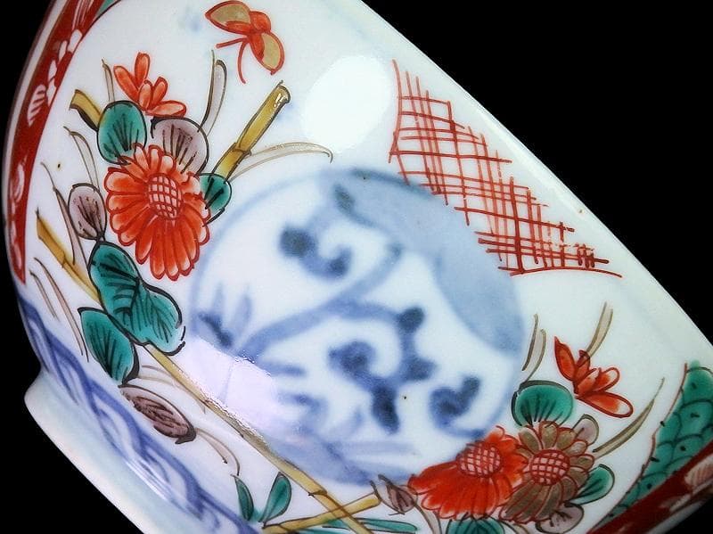 古伊万里　色絵　桐に鳳凰　丸紋に菊の図　蓋茶碗　４客　D200AS-fbut