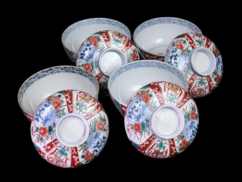 古伊万里　色絵　桐に鳳凰　丸紋に菊の図　蓋茶碗　４客　D200AS-fbut