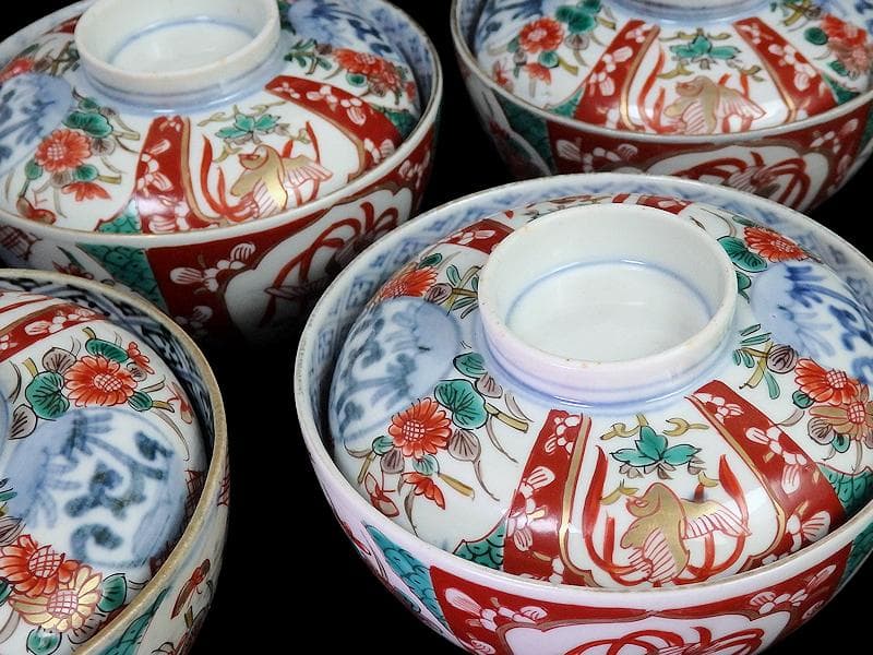 古伊万里　色絵　桐に鳳凰　丸紋に菊の図　蓋茶碗　４客　D200AS-fbut