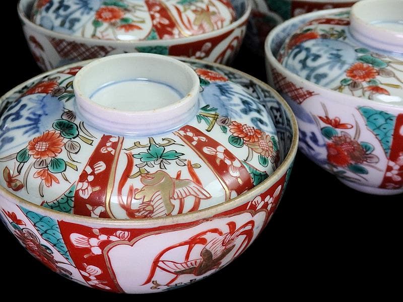 古伊万里　色絵　桐に鳳凰　丸紋に菊の図　蓋茶碗　４客　D200AS-fbut