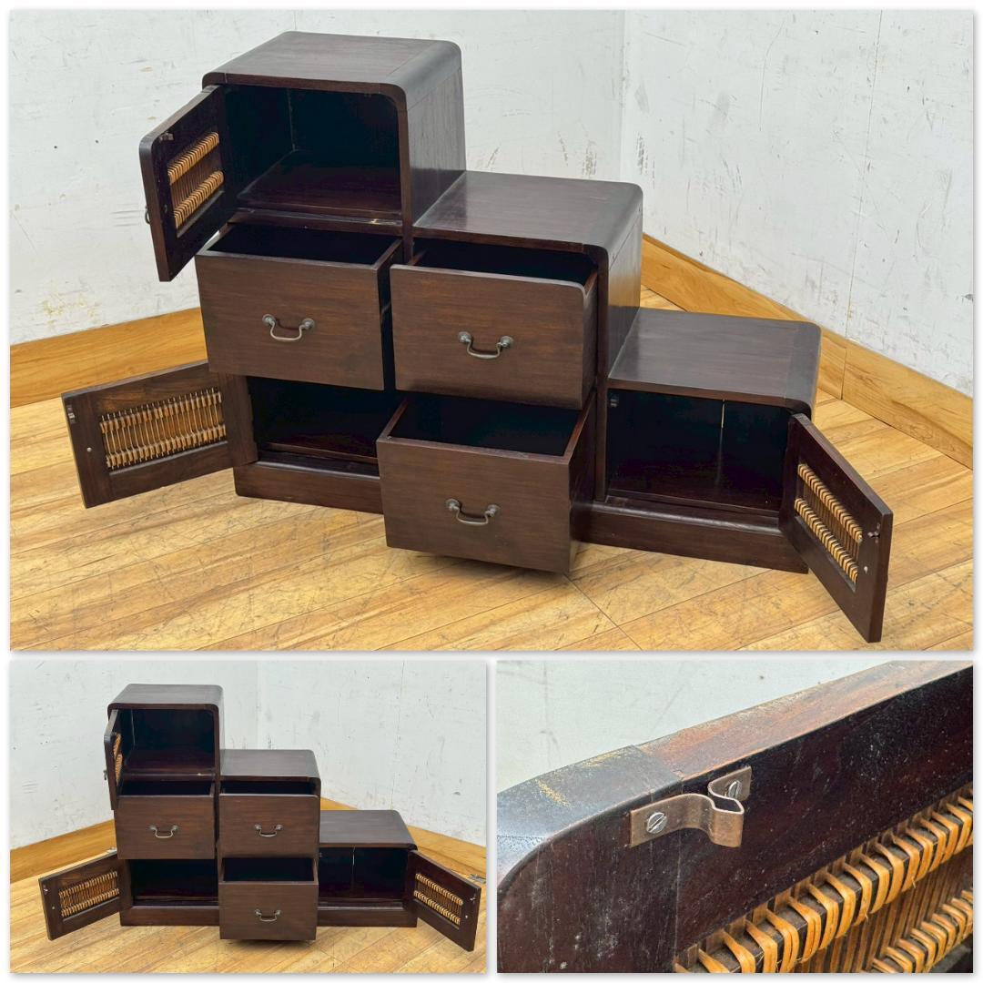 T1492☆階段箪笥　アジアン家具　和箪笥　時代箪笥　組子細工　木製　和家具