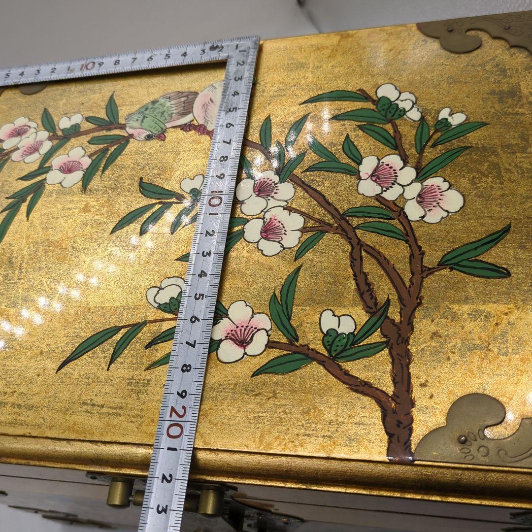 李朝 宝石箱 金箔装飾 花鳥模様 漆塗り　骨董品　時代物　旧家　初出　蔵出