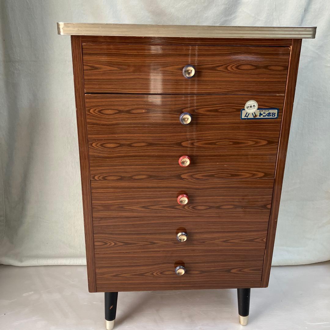 昭和レトロ　ビンテージ　トンボ台　木製木目調　6引き出し　テレビ台　希少