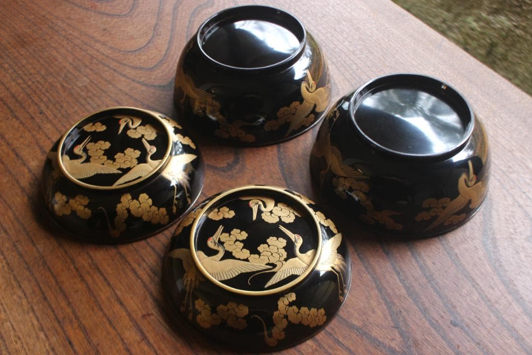 高台縁傷のみ！時代金縁黒漆に極上雲鶴蒔絵の映える煮物椀2点（検京塗輪島塗雑煮椀